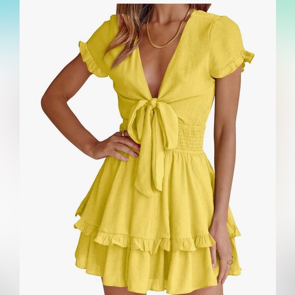 PrettyGarden Dresses & Skirts - Yellow Flutter Sleeve Tie-Front Mini Dress